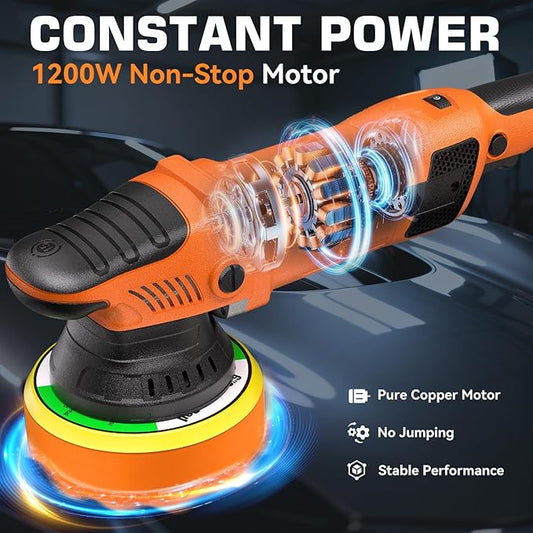 Protmex 1200W Dual Action Car Buffer Polisher, 6 Inch Orbital Polisher with 6 Variable Speed 2500-6000RPM, Constant Power & Detachable Handle for Car Detailing, Polishing, Waxing and Scratch Removal
