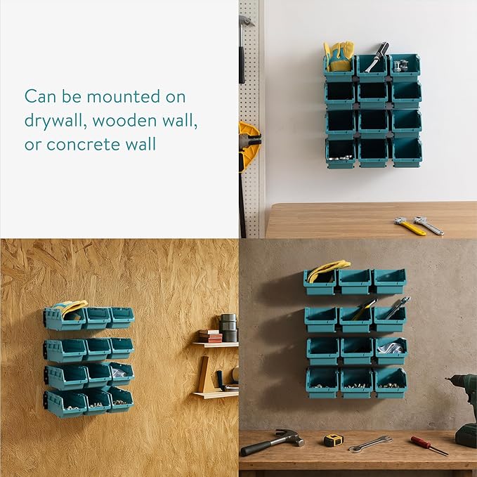 Navaris Storage Bins - Interlocking Plastic Van Boxes - Wall Mounted Compartments for Screws Nails Small Tool Parts - Workshop Garage Drawer Shed Organiser - 12 Bins & 3 Rails
