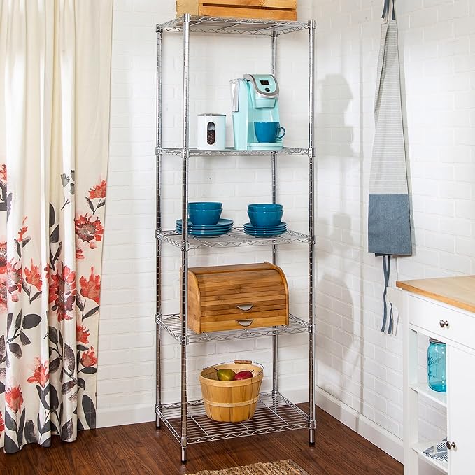 Honey-Can-Do 5-Tier Heavy-Duty Adjustable Shelves, Metal Storage Rack with 250-lb Shelf Capacity, Chrome, 18" W x 24" L x 72" H