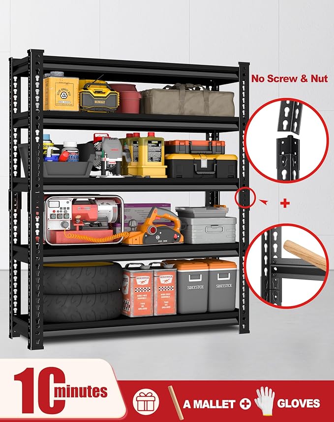 Garage Shelving Heavy Duty, 2800 Lbs Loads Garage Storage Shelves Heavy Duty, 5-Tier Metal Shelving Units and Storage for Basement, Retiple Tanks,48''Wx18 Dx78 H,Black