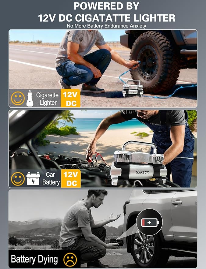 GSPSCN 6X Faster Inflation Digital Dual Cylinder Portable Air Compressor,12V Metal Tire Inflator w/Adapter & Pencil Pressure Gauge 150PSI LED Light丨Heavy Duty Air Pump for Car,Truck,SUV,ORV,RV,Balls