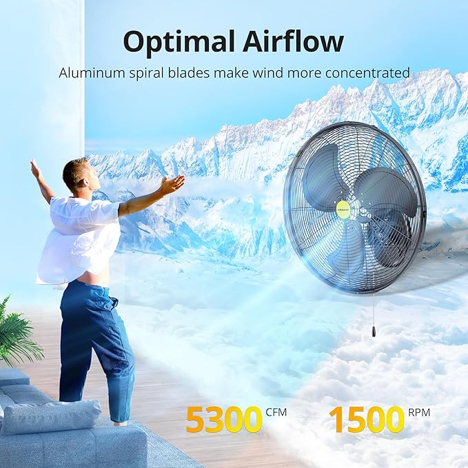 VAGKRI 20 Inch High Velocity Industrial Wall Mount Fan, 3 Speeds, 5300CFM, Wall Fan for Home, Office, Patio, Garage, Factory, Warehouse and Greenhouse