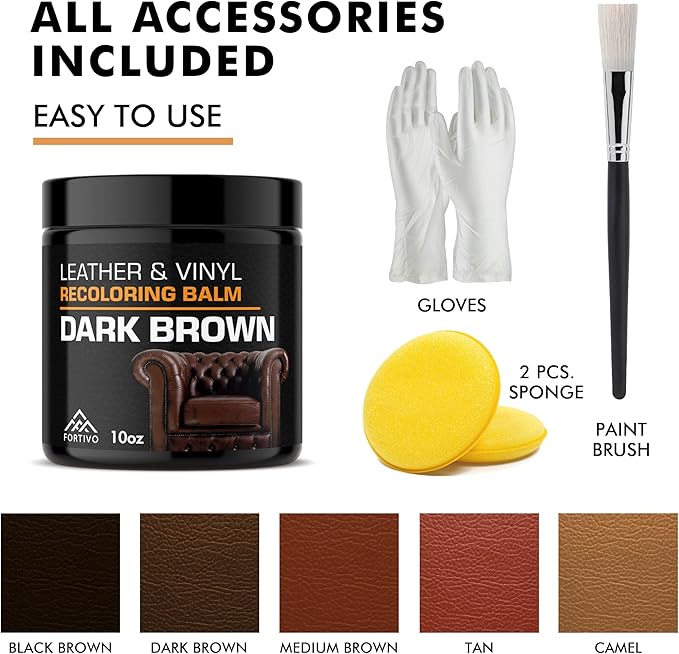 FORTIVO Leather Recoloring Balm, Color Restorer for Couches and Car Seats, Leather Scratch Remover and Dye, 10 oz