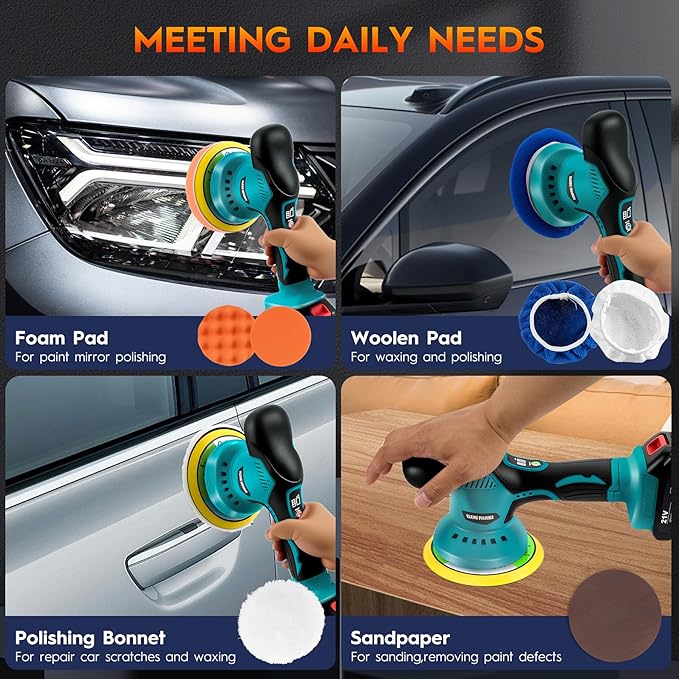 Cordless Car Buffer Polisher Kit with 2x21V Batteries, 6 Inch Car Polisher with 8 Variable Speed Max 6000RPM & 21 PCS Attachments, Buffer Polisher for Car Detailing, Sanding, Scratch Removing