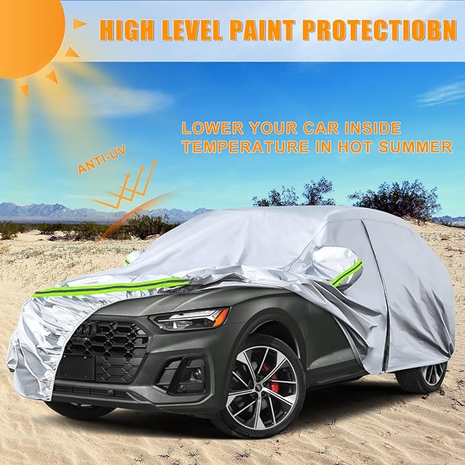 Waterproof Car Covers Replace for 2009-2025 Audi Q5/SQ5, 6 Layers Silver All Weather Custom-fit Car Cover with Zipper Door & Windproof Bands for Snow Rain Dust Hail Protection