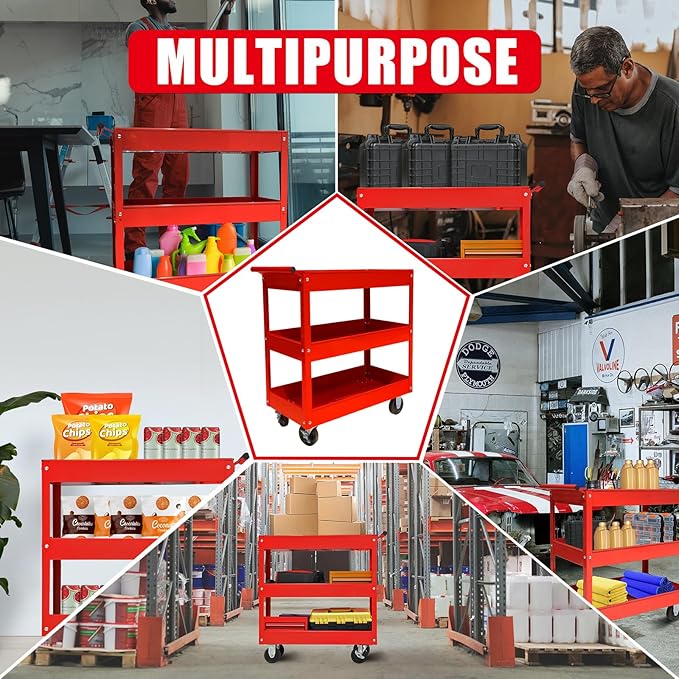 BIG RED Steel Rolling Service Tool Cart with 3 Tires , Heavy Duty Utility Cart on Wheels with Two Brake for Office，Kitchen，warehouse,400 lbs Capacity,Red