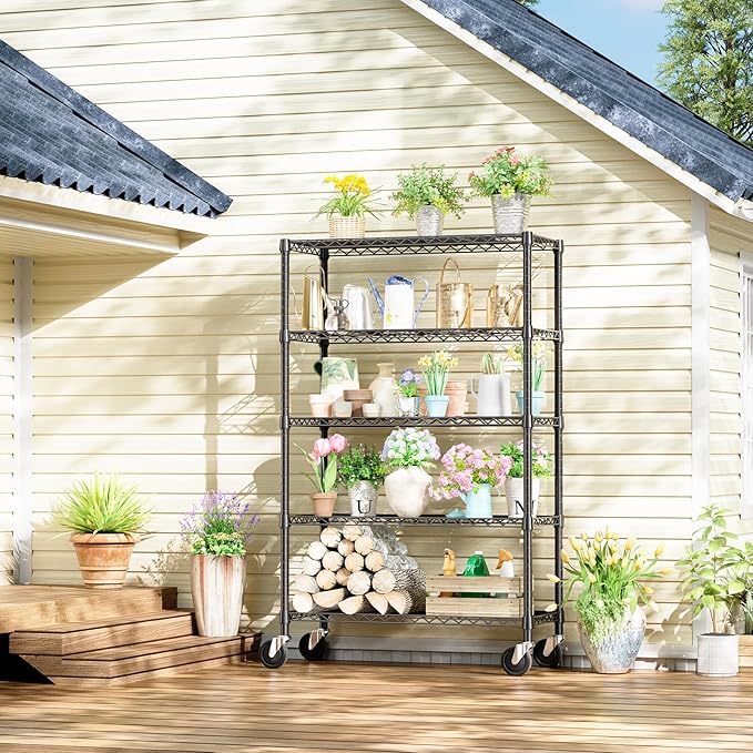 IZEUK 5-Tier Storage Shelving Unit with Wheels, Adjustable Heavy Duty Steel Wire Rack Organizer (Black, 17.7" D x 47.2" W x 76.7" H, 1750 lbs Capacity) for Garage, Kitchen, Office, Laundry, Basement