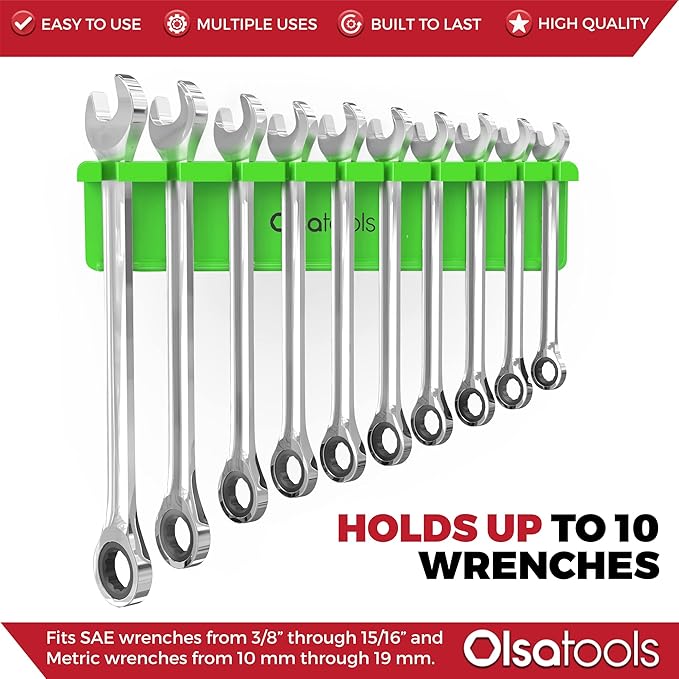 Olsa Tools Magnetic Wrench Holder Organizer - Green - Fits SAE 3/8" to 15/16" & Metric 10mm to 19mm - Durable Tool Storage Solution - Part 1141