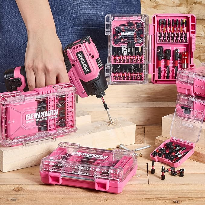 Geinxurn 55Pieces Impact Screwdriver Bits Set, Magnetic S2 Steel Phillips/Slotted/Square/Torx Insert Power Bits Tips, Impact Bit Holder and Impact Socket Adapter with Pink Storage Box Case