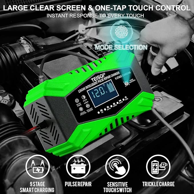 Battery Charger,12-Amp 12V/24V Smart Battery Trickle Charger - Automotive Battery Maintainer Desulfator with Temperature Compensation for Car Motorcycle Mower Marine Lead Acid/LiFePO4 (Green)