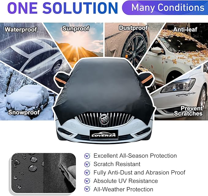 Half Car Cover SUV for Snow, Heavy Duty Roof Cover for All Weather Use, UV, Rain, Sun, Dust Protection Fits Compact/Medium SUV