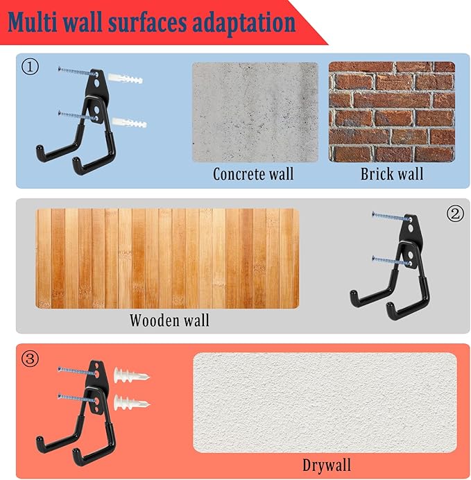 8 Pack Garage Hooks, Garage Tool Organizer Wall Mount, Heavy Duty for Utility Organizer, Steel Utility Garage Hooks for Ladders, Garden Tools, Bike
