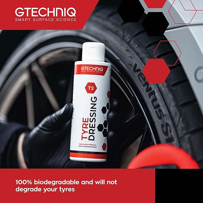 Gtechniq T2 Tire Dressing for Car Tire Shine. 8.5 fl oz | Repels Water, Dirt and Grime, Restores Tire Black Finish, Long Lasting Protection and Shine, Quick and Easy Wipe-On-Wipe-Off Application
