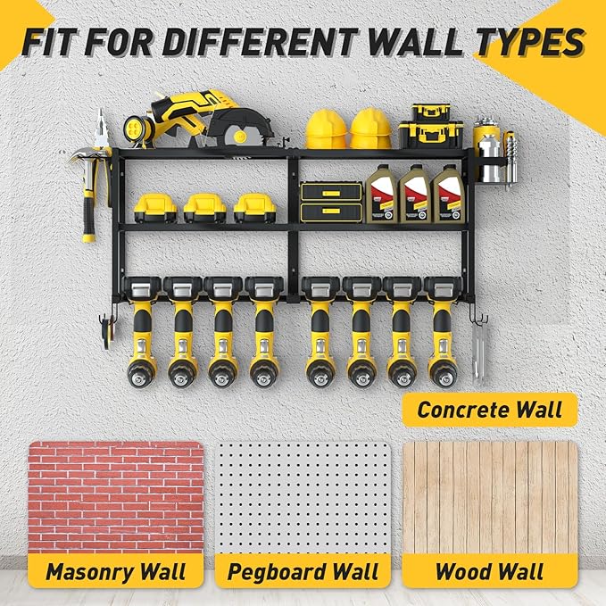 Power Tool Organizer Wall Mount Christmas Gifts for Fathers Dad, Extra Large Layers Heavy Duty Metal Organization Loads 300lbs with 8 Cordless Drill Holder, Tool Shelf for Workshop, Utility Racks