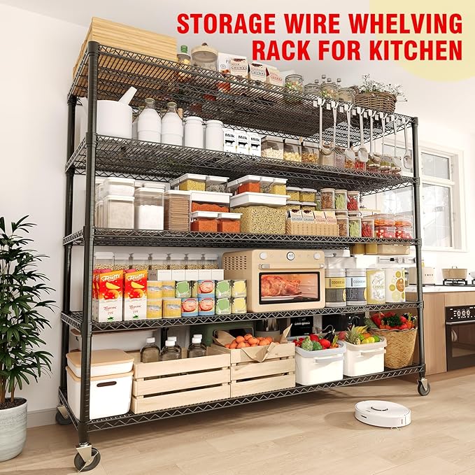 5 Tier Metel Shelving with Wheels, Garage Storage Shelves Heavy Duty Rack Load 3300LBS, Ajustable Black Wire Shelving Unit, for Home Garage Basement, Easy Assembly, 59" W X 24" D X 82" H
