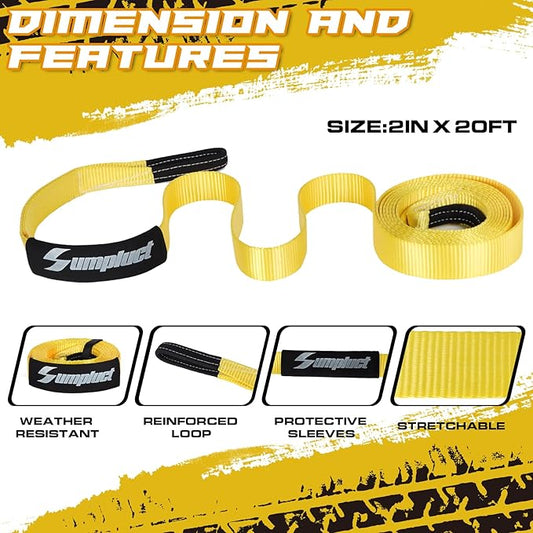 Recovery Tow Strap 2in X 20ft Exceed Heavy Duty 25,000 lbs Break Strength, Use for Emergency Towing Rope, Tree Saver, Winch Extension, Triple Reinforced Loops,Car Accessories