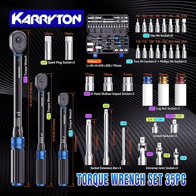 35pc Torque Wrench Set 1/4 3/8 1/2-Inch Drive, CR-MO/72-Tooth/Dual Scale ±3% Accuracy Click Torque Wrenches w/Adapters for Auto, Bike, Motor