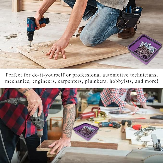 Collapsible Magnetic Parts Tray, 4.5" Square Silicone Tool Tray with Dual-Sided Magnetic Base, Foldable Small Metal Parts Organizer Storage Bowl for Screws Bolts Nuts Washers (Purple)