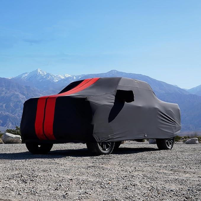 iCarCover Premium Plus Truck Cover Waterproof All Weather Rain Snow UV Sun Protection, F-150 250, C/K 3500, Silverado, Ram, Tundra, Sierra, Titan, Size T70 (See Size Chart) Stripe - Black/Red