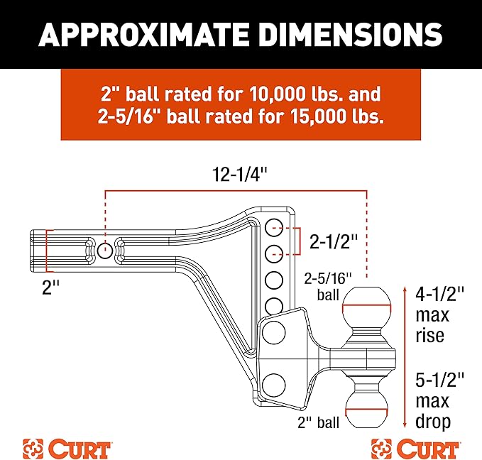 CURT 45935 Adjustable Trailer Hitch Ball Mount with Dual Ball, 2" Shank, Up to 15,000 lbs
