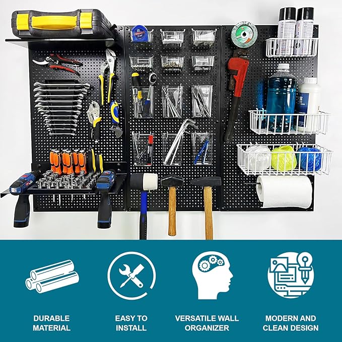 Metal Pegboard for Garage Storage,Steel Pegboard Heavy Duty 16-Inch X 32-Inch Metal Peg Board Tool Organization Panels (Black, 3 Pack)