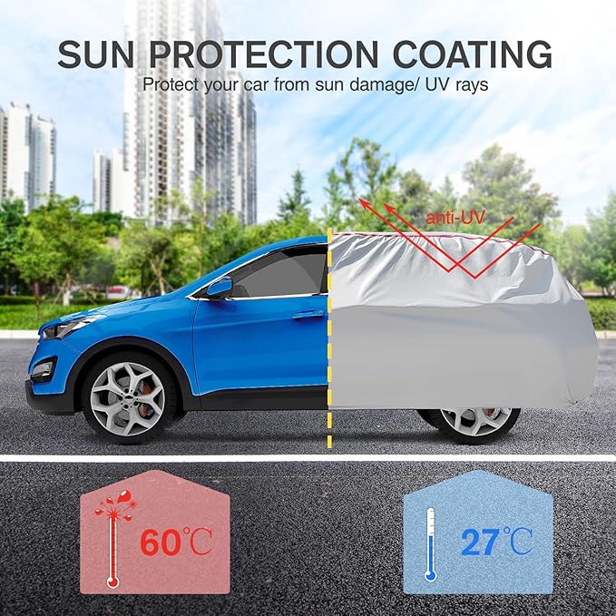Car Cover Waterproof All Weather, 6 Layers Full Exterior Covers with Zipper Cotton, Mirror Pocket. Outdoor Car Cover UV Snow Rain Wind Dust All Weather Outdoor Protection for SUV (185-190 inch)