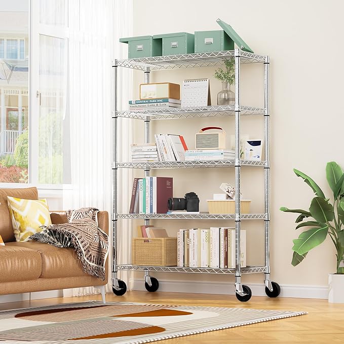 M MZG 5-Shelf Storage Shelves,Wire Shelving Heavy Duty Metal Storage Shelving Unit Adjustable Garage Shelving Rack Pantry Kitchen (Chrome, 5 Tier,17.7" D x 47.2" W x 76.7" H)