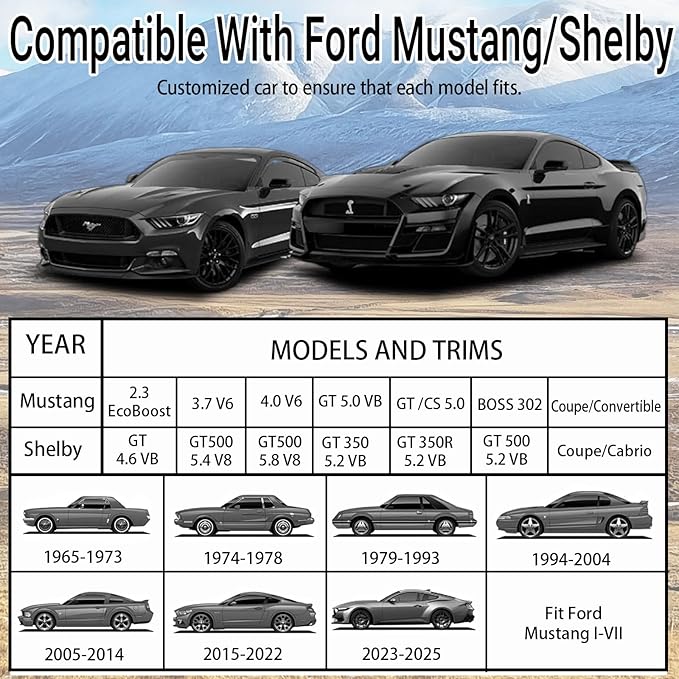 Car Cover Compatible with for Ford Mustang/Shelby 1965-2025, Waterproof All Weather for Automobiles, Outdoor Full Cover Rain Sun UV Protection, Black