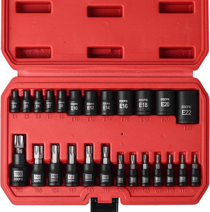 25 Piece Torx Bit and Socket Set, 13 Star Bits (T8- T60) & 12 E-Torx Sockets (E4-E22), Professional Grade Auto & Motorcycle Mechanic Set