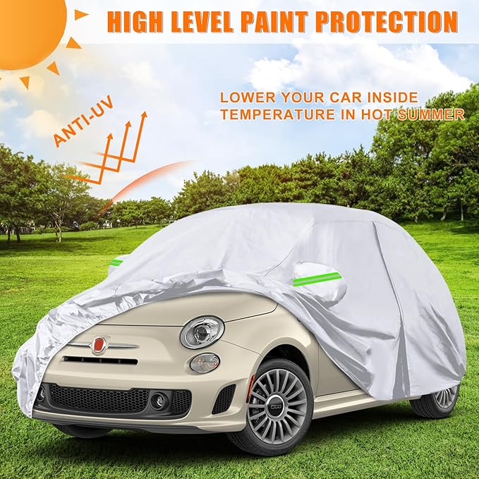 Waterproof Car Covers Replace for 2007-2024 Fiat 500/500C, 6 Layers Silver All Weather Car Cover with Zipper Door & Windproof Bands for Snow Rain Dust Protection