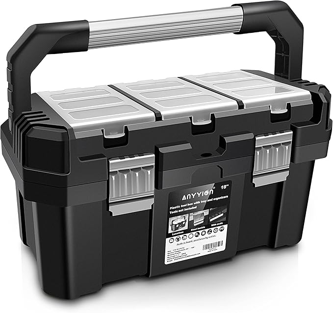 Anyyion 17-Inch Tool box with Removable Tray with Stainless Steel Dual Lock Secured,Small Parts Box, Metal Handle is Truly Rugged（Internal:15.67"L x 7.56"W x 6.7"H)