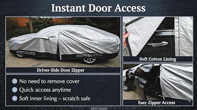 BERTRAND Premium Sedan Car Cover (195 x75 - Size - A3) - Heavy-Duty | Waterproof All Weather | Cotton-Lined + Door Zipper | UV Protection + Reduces Hail Impact | Extra Large Sedans