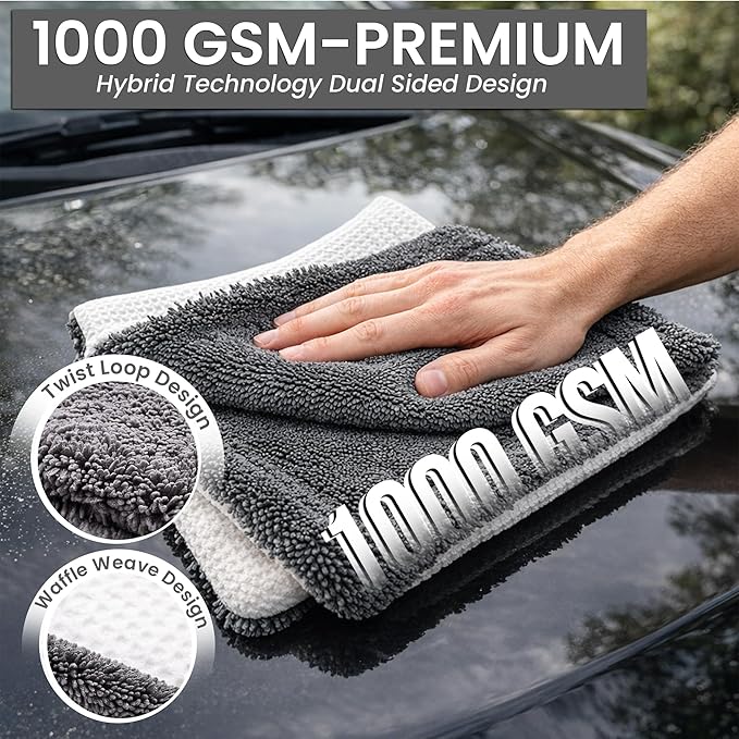 Hybrid Glass Microfiber Towel – Waffle Weave & Plush Dual Action Cleaning Cloth – Streak-Free Window and Surface Drying Towel – Professional Grade –16x16,1000 GSM 3-Pack