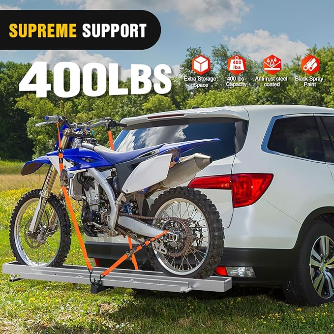 Nilight Motorcycle Hitch Carrier 400LBS, Lightweight Robust Aluminum Dirt Bike Hitch Hauler with 55.11" Longer Ramp, Pin Lock, Tie-Down Strap and Tightener, 2" Receiver, 5" Wide Tire