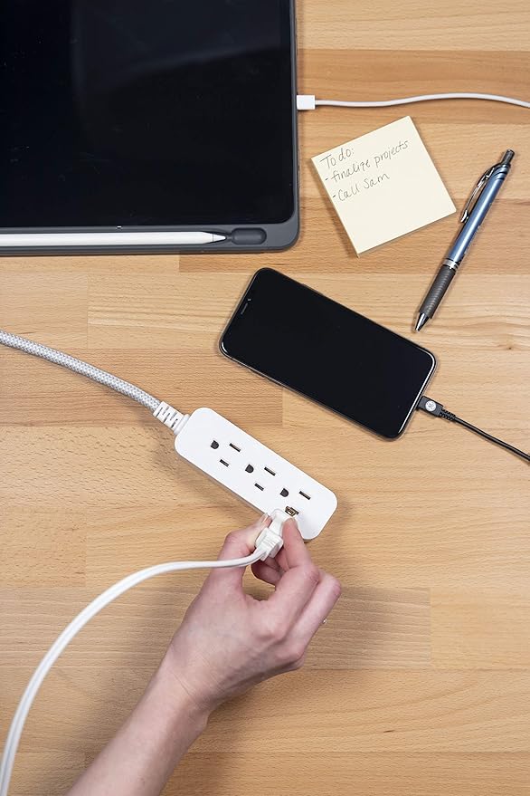 GE Designer 3-Outlet Power Strip, 1 Ft Braided Extension Cord, 3 Grounded Outlets, Flat Plug, Mini Cord, Premium, White, 45190 (Pack of 12)