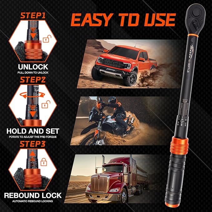 1/2-Inch Drive Click Torque Wrench, 10-180 Ft-Lb/13.6-244.0 Nm, Dual-Direction 72-Tooth Ratchet, ±3% Precision with Dual Scale Torque Wrenches for Bike, Motorcycle & Car