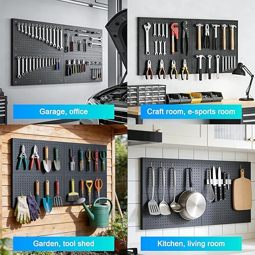 Metal Pegboard Panels 4 Pack, 24" x 12" Heavy Duty Rust-Proof Wall Organizer, Sturdy Steel Storage Board for Garage, Workshop & Craft Room, Black