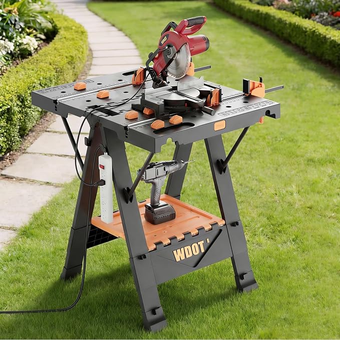 2-in-1 Folding Work Bench & Sawhorse, Easy Setup Portable Work Table, 31" W x 25" D x 32" H, Laser-Engraved Scale,Lightweight Worktable with Large Load Capacity, 2 Clamps & 6 Bench Dogs