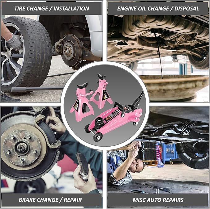 PM PERFORMOTOR Low Profile Hydraulic Trolley Service/Floor Jack Combo with 2 Ratchet Jack Stands, 2 Ton (4000 lbs) Capacity, Pink, PM-TOL-FJ3P-PK