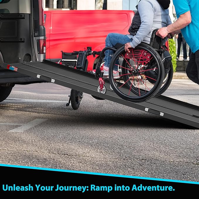 WHALEMOTOR Black Portable Wheelchair Ramp, 7FT No-sew Non-Slip Aluminum Wheelchair Ramp, Folding Portable Wheelchair Ramps for Home, Weight Capacity Up to 800 LBS, Loading Dock Plates