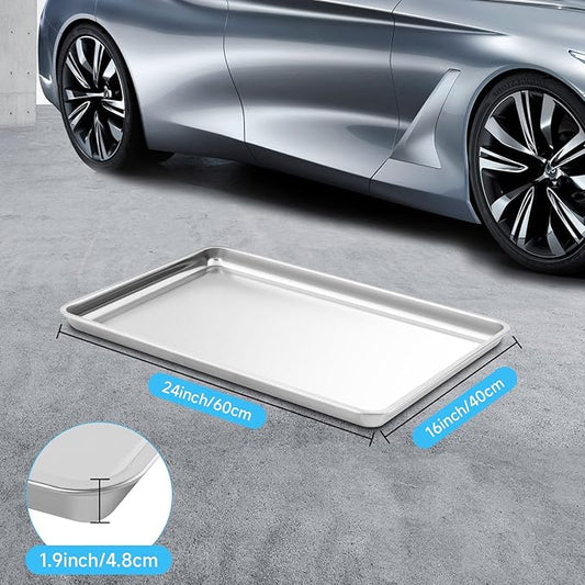 2Pcs Stainless Steel Oil Drip Pan for Under Car, 24 x 16 x 1.9 Inch Metal Oil Drain Pan for Oil Change, Automotive Large Drip Tray Oil Catch Pan Replacement Tray to Keep Garage Floor Clean