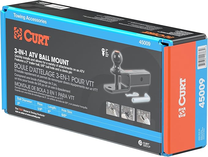 CURT 45009 3-in-1 ATV Trailer Hitch Mount, 2-Inch Ball, Clevis Pin, 5/8-Inch Hole, Fits 2-Inch Receiver