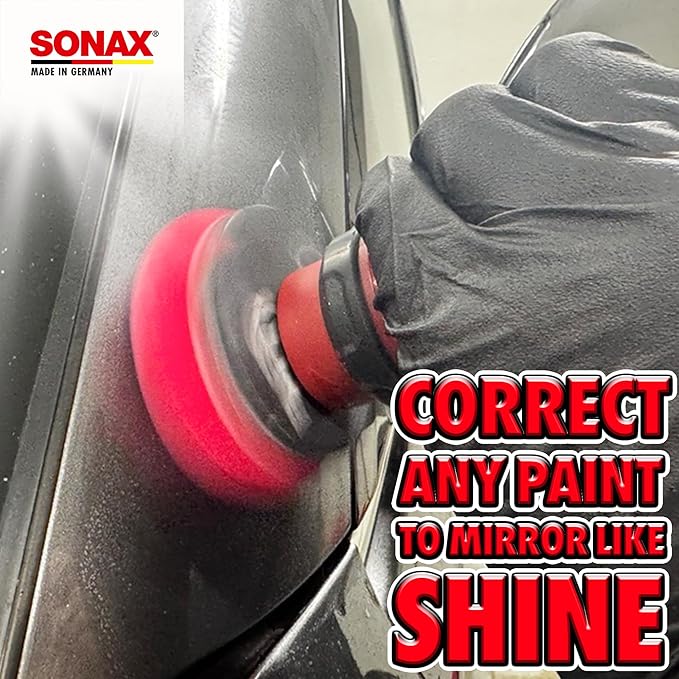 SONAX Red Hard Cutting/Polishing Pad 493100 | Heavy-Duty Foam Pad for Swirl & Scratch Removal | Ideal for Aggressive Paint Correction | for Dual Action & Rotary Polishers | 494200 | 4 Pack, 3-Inch