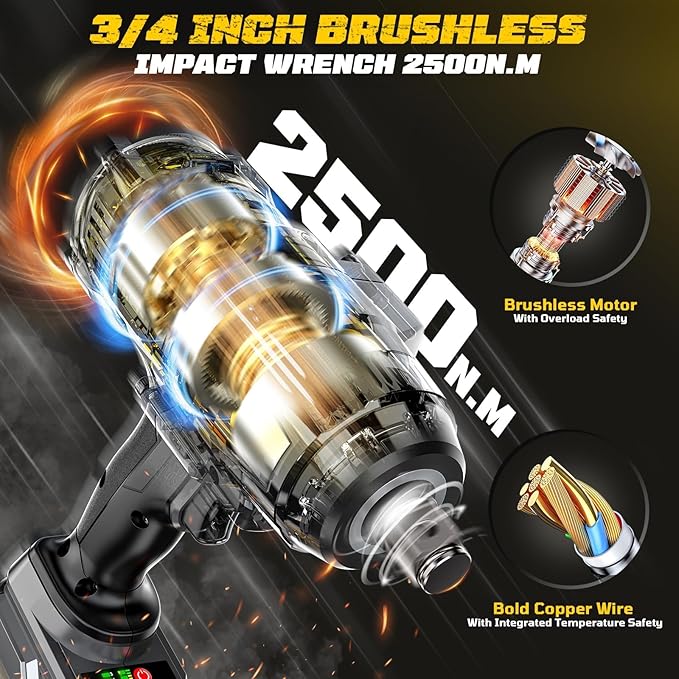 Cordless Impact Wrench 3/4 inch compatible with Dewalt 20V Battery, Cerycose1850ft-lbs (2500N.m) Brushless Electric Impact Gun, High Torque Impact Driver, Bare Tool Only, Heavy-Duty Automotive