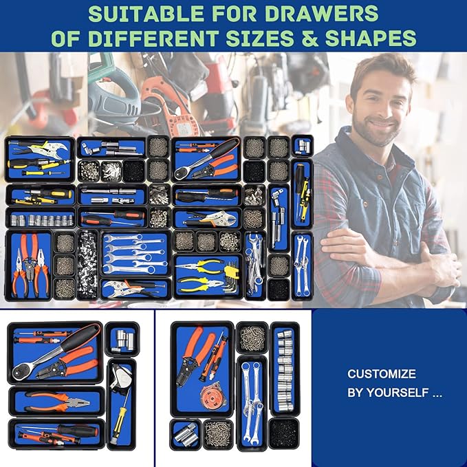 Tool Box Organizer, Tool Drawer Organizer Tray Divider, Toolbox Organization, Garage Tool Organizers and Storage, Tool Box Accessories for Rolling Tool Chest Cabinet (Blue (47PCS))