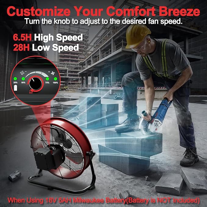 T-SUN 12" Battery Power Floor Fan Compatible with Mil-wau-kee Battery, Portable Fan with AC Adapter and USB Output, Stepless Speed Cordless Fan, Metal High Velocity for Jobsite Outdoor Camping