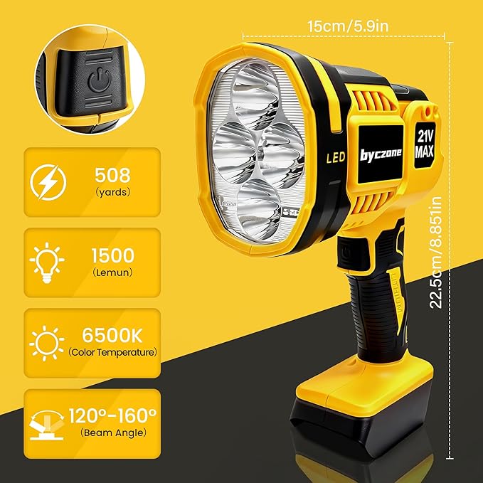 Handheld Spotlight for Dewalt 20V Battery, 1500LM LED Work Light, Flashlight with 2 Modes & 90° Pivoting Head, for Workshop, Camping, Jobsites (Battery Not Included)