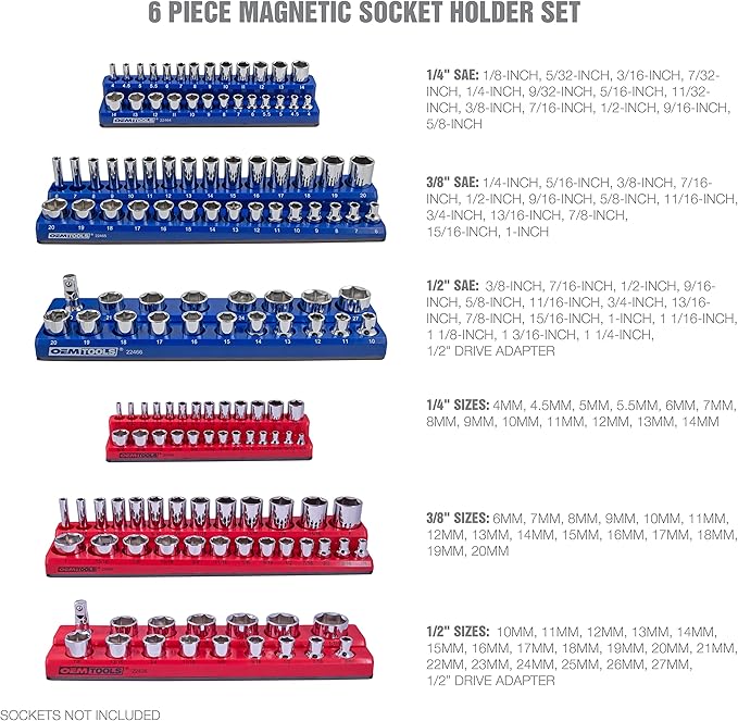 OEMTOOLS 22489 6 Pack Set Metric and SAE Magnetic Socket Organizers, Tool Box Socket Organizer for 1/4, 3/8, and 1/2 Inch Drive Sockets, Red and Blue