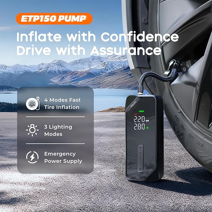 Car Tire Inflator Portable Air Compressor–150 PSI Tire Pump for Car Tires, Electric Bike Tire Pump, Cordless Bike Pump with Digital Pressure Gauge, 4 Preset Modes for Car Bike Motorcycle Balls