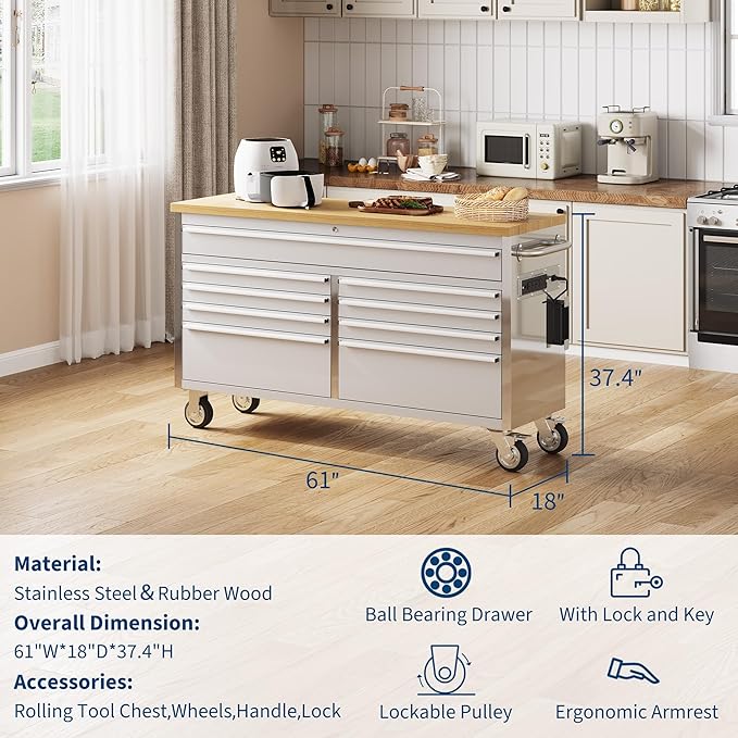 61 Inch Heavy Duty Rolling Tool Chest & Mobile Workbench with 9 Drawers, Rubber Wood Tabletop, Key Locking System and Drawer Liners, Steel Storage Cabinet for Garage, Workshop,Silver
